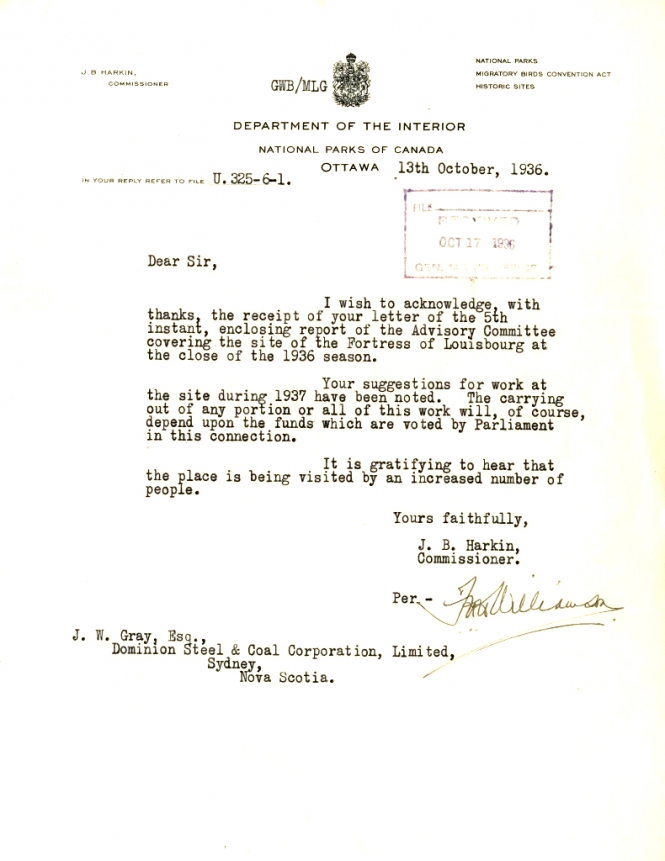 Letter from J.B. Harkin to J.W. Gray